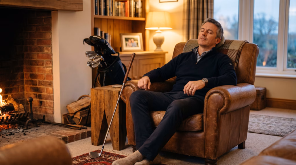 golfer visualizing golf shots at home in armchair