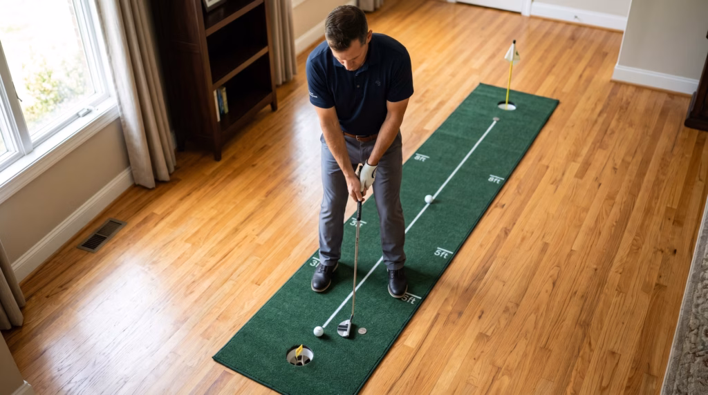 putting drill with coin on indoor putting mat

