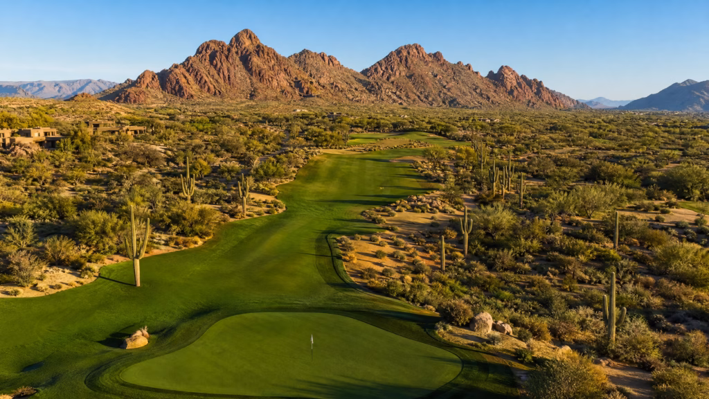 Aerial view of a desert golf course in Scottsdale Arizona with red rock mountains and saguaro cactus — best golf destinations 2026