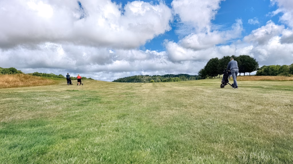 Golfers walking a fairway, illustrating four-ball match play rules.