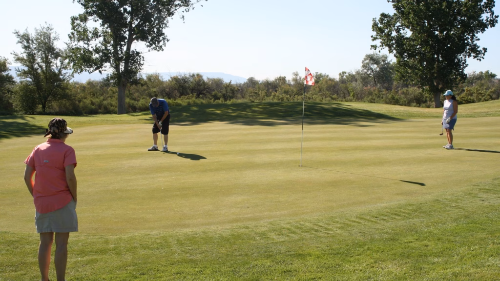 Three golfers on a putting green in a guide to golf scramble order of play.