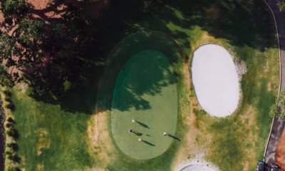 PGA Tour fall series betting analysis, an aerial view of a bunker-guarded golf green.
