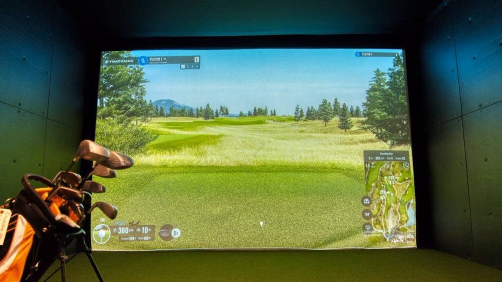Indoor golf practice bay, illustrating risk management golf strategy.